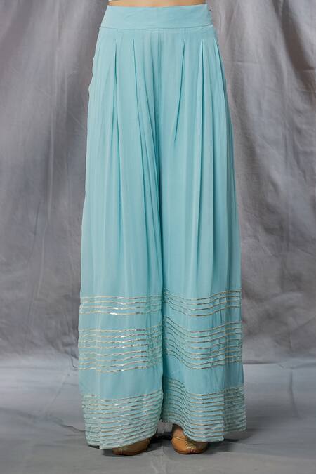 Aksh_Blue Organza, Georgette, Taffeta, Satin Pearls, Embellished Kaftan Sharara Set_at_Aza_Fashions