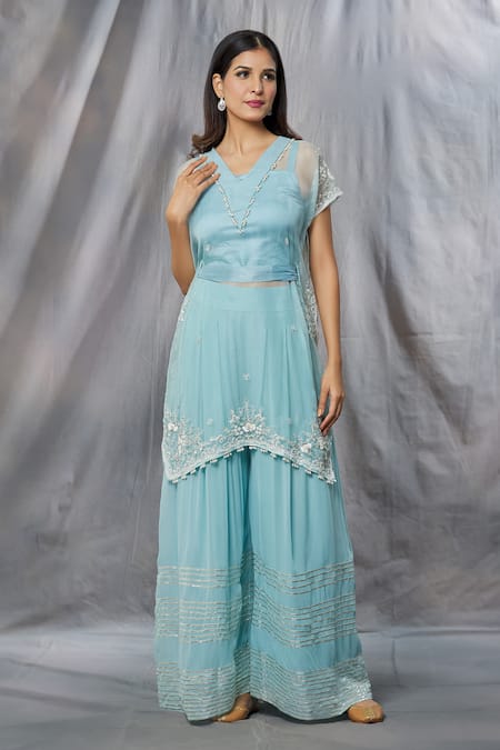 Aksh Blue Organza Embroidered Pearl V Neck Embellished Kaftan Sharara Set 