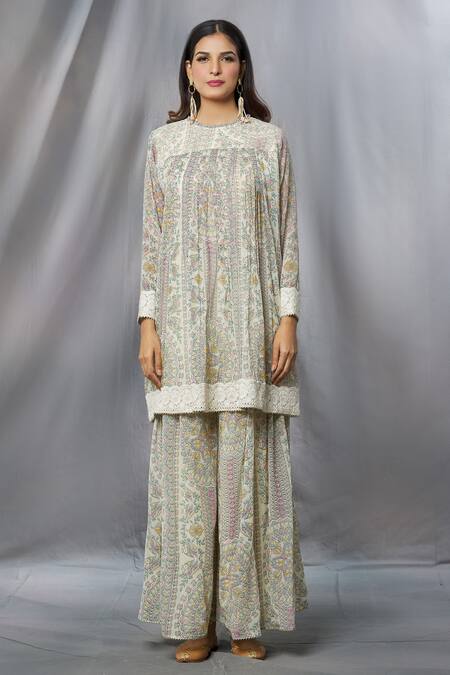 Aksh Ivory Georgette, Taffeta Lace Round Neck Kantha Print Kurta Sharara Set at Aza Fashions Aksh_Ivory Georgette, Taffeta Lace Round Neck Kantha Print Kurta Sharara Set_at_Aza_Fashions