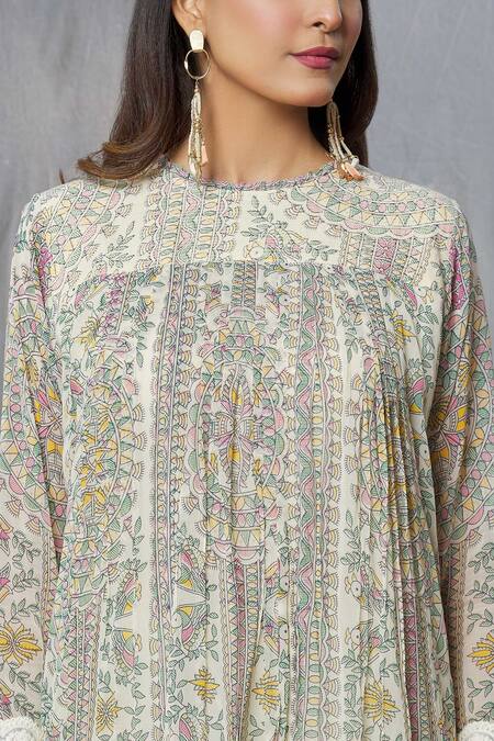 Aksh Ivory Georgette, Taffeta Lace Round Neck Kantha Print Kurta Sharara Set Online at Aza Fashions Aksh_Ivory Georgette, Taffeta Lace Round Neck Kantha Print Kurta Sharara Set_Online_at_Aza_Fashions