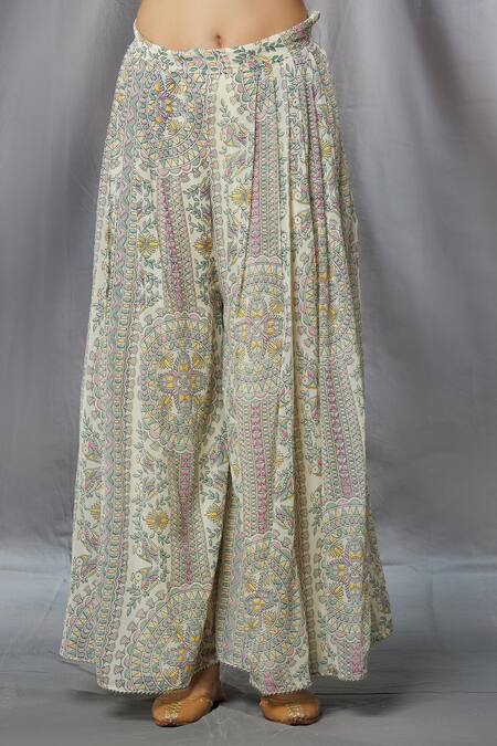 Buy Aksh Ivory Georgette, Taffeta Lace Round Neck Kantha Print Kurta Sharara Set Online at Aza Fashions Buy_Aksh_Ivory Georgette, Taffeta Lace Round Neck Kantha Print Kurta Sharara Set_Online_at_Aza_Fashions