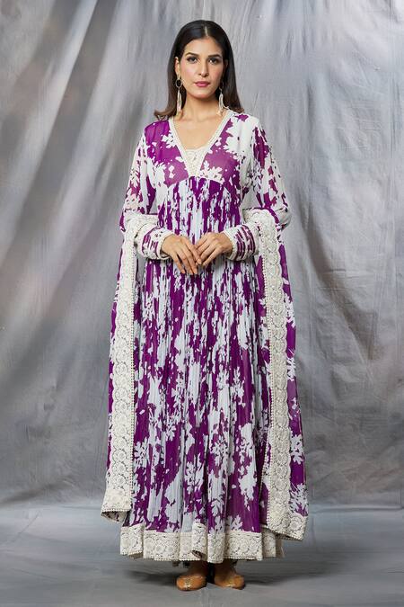 Aksh_Purple Georgette, Taffeta Embroidery, Lace Printed Border Anarkali With Dupatta_at_Aza_Fashions
