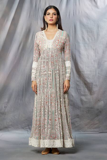 Aksh_Ivory Georgette, Taffeta Lace, Mirrors, Madhubani Print Anarkali With Dupatta_Online_at_Aza_Fashions