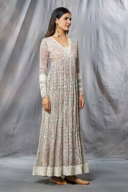 Buy_Aksh_Ivory Georgette, Taffeta Lace, Mirrors, Madhubani Print Anarkali With Dupatta_Online_at_Aza_Fashions