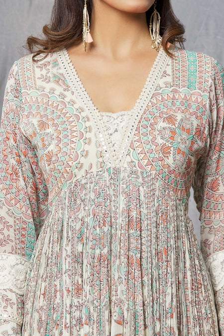 Shop_Aksh_Ivory Georgette, Taffeta Lace, Mirrors, Madhubani Print Anarkali With Dupatta_Online_at_Aza_Fashions