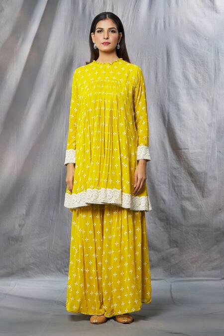 Aksh_Yellow Georgette, Organza, Taffeta Mirrors, Floral Butti Print Kurta Sharara Set_Online_at_Aza_Fashions