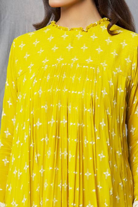 Buy_Aksh_Yellow Georgette, Organza, Taffeta Mirrors, Floral Butti Print Kurta Sharara Set_Online_at_Aza_Fashions