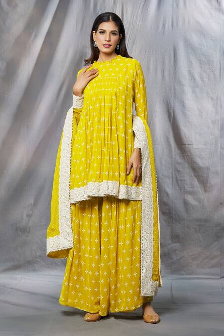Aksh_Yellow Georgette, Organza, Taffeta Mirrors, Floral Butti Print Kurta Sharara Set_at_Aza_Fashions