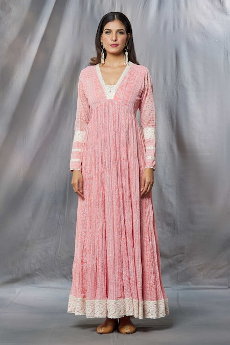 Aksh Pink Georgette, Taffeta Lace, Fit And Flare Printed Anarkali With Dupatta Online at Aza Fashions Aksh_Pink Georgette, Taffeta Lace, Fit And Flare Printed Anarkali With Dupatta_Online_at_Aza_Fashions