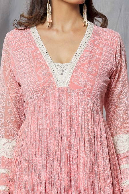 Buy Aksh Pink Georgette, Taffeta Lace, Fit And Flare Printed Anarkali With Dupatta Online at Aza Fashions Buy_Aksh_Pink Georgette, Taffeta Lace, Fit And Flare Printed Anarkali With Dupatta_Online_at_Aza_Fashions