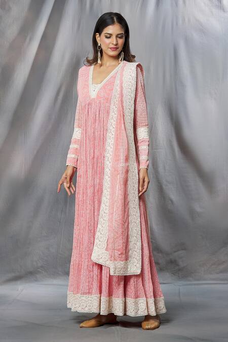 Shop Aksh Pink Georgette, Taffeta Lace, Fit And Flare Printed Anarkali With Dupatta Online at Aza Fashions Shop_Aksh_Pink Georgette, Taffeta Lace, Fit And Flare Printed Anarkali With Dupatta_Online_at_Aza_Fashions