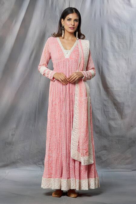 Aksh Pink Georgette, Taffeta Lace, Fit And Flare Printed Anarkali With Dupatta at Aza Fashions Aksh_Pink Georgette, Taffeta Lace, Fit And Flare Printed Anarkali With Dupatta_at_Aza_Fashions