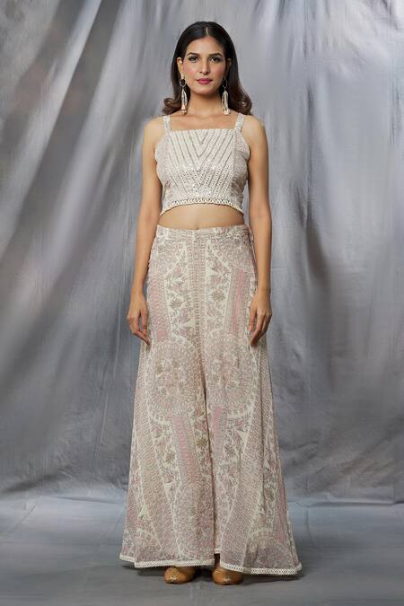 Aksh Ivory Georgette, Taffeta Mirrors, Embroidery Madhubani Print Cape Sharara Set at Aza Fashions Aksh_Ivory Georgette, Taffeta Mirrors, Embroidery Madhubani Print Cape Sharara Set_at_Aza_Fashions