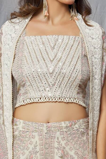 Buy Aksh Ivory Georgette, Taffeta Mirrors, Embroidery Madhubani Print Cape Sharara Set Online at Aza Fashions Buy_Aksh_Ivory Georgette, Taffeta Mirrors, Embroidery Madhubani Print Cape Sharara Set_Online_at_Aza_Fashions