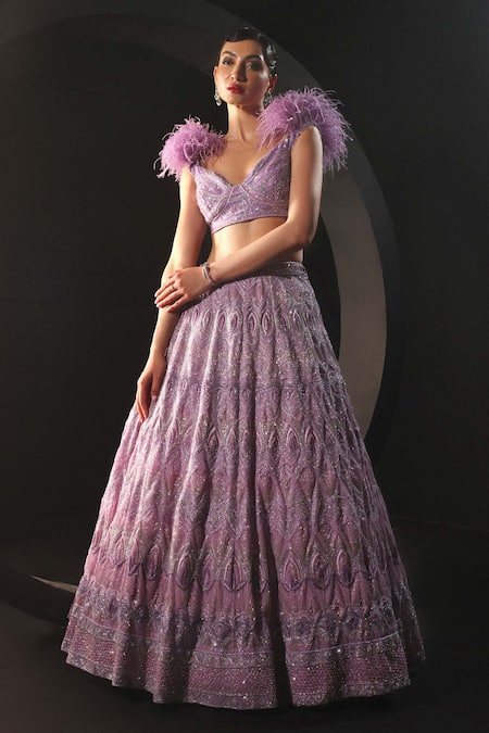 Amit GT_Purple Tulle Hand Embroidered Artemis Sequin Lehenga And Blouse Set  _at_Aza_Fashions