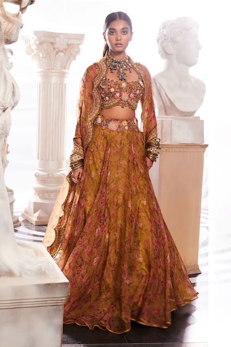 Buy Ridhima Bhasin Yellow Organza Embroidery Soleil Vintage Print Skirt And Blouse Set Online at Aza Fashions Buy_Ridhima Bhasin_Yellow Organza Embroidery Soleil Vintage Print Skirt And Blouse Set _Online_at_Aza_Fashions