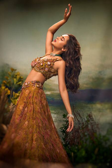 Shop Ridhima Bhasin Yellow Organza Embroidery Soleil Vintage Print Skirt And Blouse Set Online at Aza Fashions Shop_Ridhima Bhasin_Yellow Organza Embroidery Soleil Vintage Print Skirt And Blouse Set _Online_at_Aza_Fashions