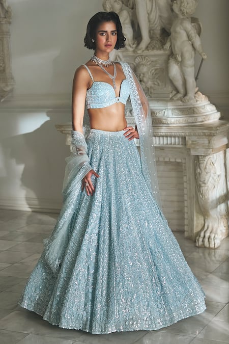Seema Gujral_Blue Net, Organza Sequins Sweetheart Neck Embroidered Bridal Lehenga Set_at_Aza_Fashions