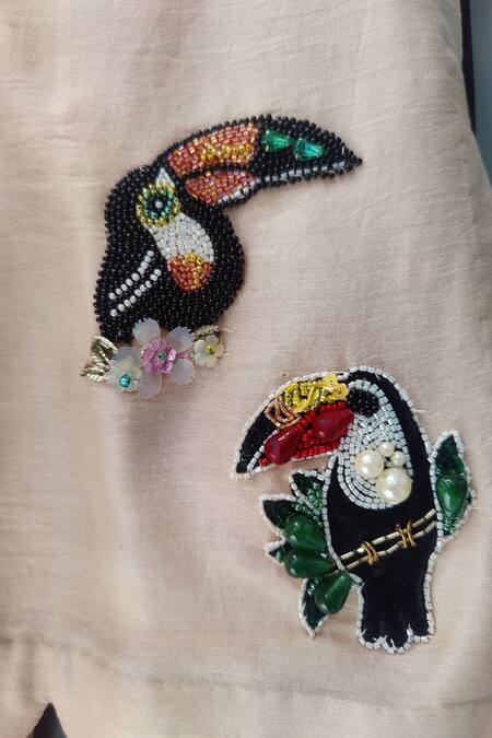 House Of Tushaom_Beige Chanderi Silk, Net Beads, Sequins Bird Embroidered Kurta Set _Online_at_Aza_Fashions