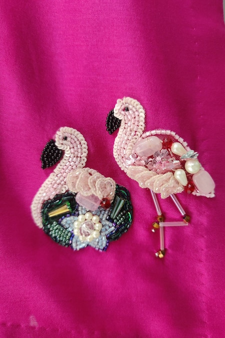 House Of Tushaom_Pink Chanderi Silk, Net Beads, Sequins, Embroidery Flamingo Kurta And Pant Set _Online_at_Aza_Fashions