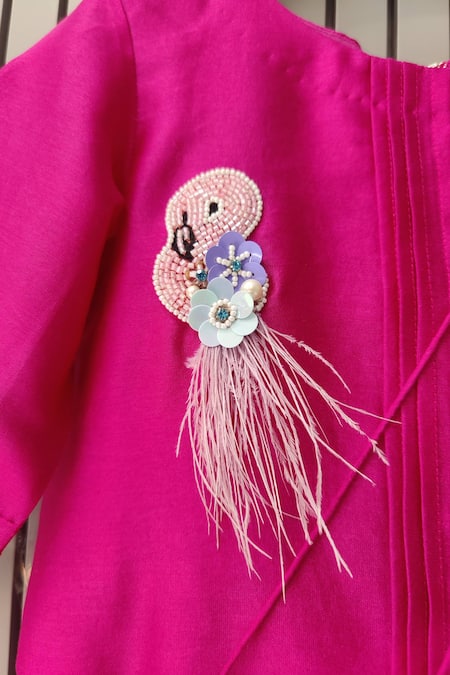 Shop_House Of Tushaom_Pink Chanderi Silk, Net Beads, Sequins, Embroidery Flamingo Kurta And Pant Set _Online_at_Aza_Fashions