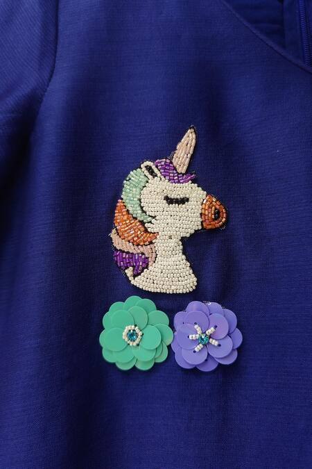 Buy_House Of Tushaom_Blue Chanderi Silk, Net Sequins, Beads, Unicorn Embroidered Angarkha And Pant Set _Online_at_Aza_Fashions