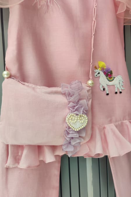 House Of Tushaom_Pink Chanderi Silk, Net Sequins, Unicorn Placement Embroidered Kurta And Pant Set _Online_at_Aza_Fashions