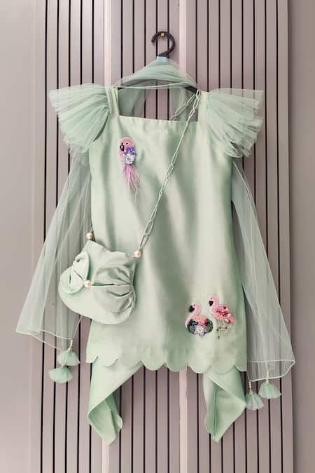 House Of Tushaom Green Chanderi , Pearls, Beads, Feathers, Placement Flamingo Kurta Set Online at Aza Fashions House Of Tushaom_Green Chanderi , Pearls, Beads, Feathers, Placement Flamingo Kurta Set _Online_at_Aza_Fashions