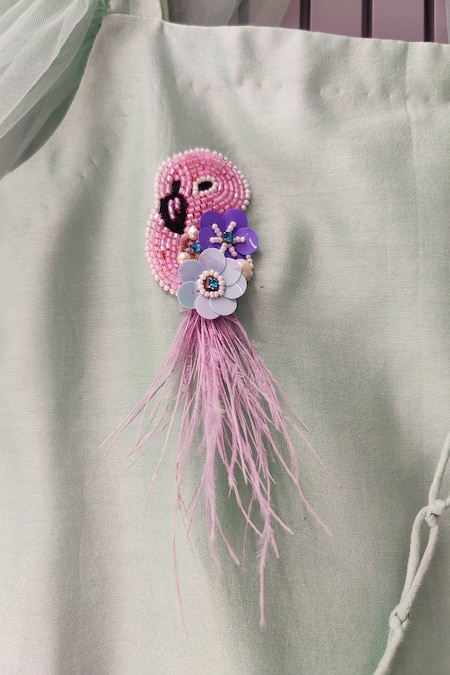 House Of Tushaom Green Chanderi , Pearls, Beads, Feathers, Placement Flamingo Kurta Set at Aza Fashions House Of Tushaom_Green Chanderi , Pearls, Beads, Feathers, Placement Flamingo Kurta Set _at_Aza_Fashions