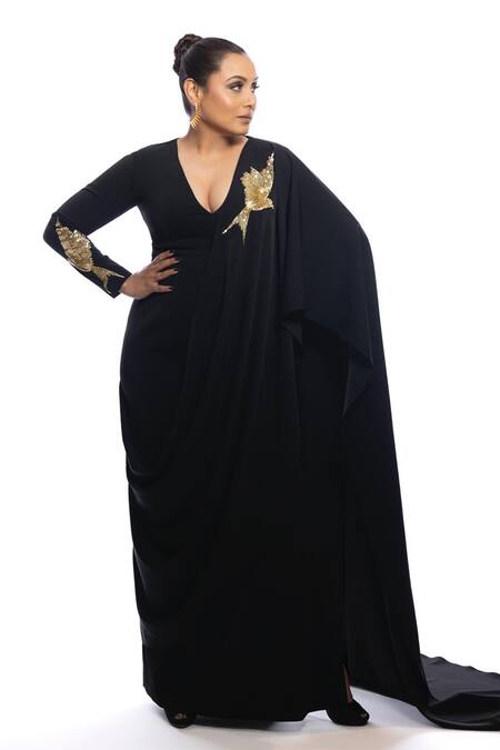Masaba_Black Crepe Son Chidiya Embellished Saree Gown_at_Aza_Fashions