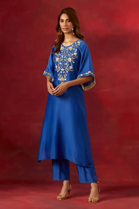 Anantaa By Roohi_Blue Silk, Chanderi Sequins, Beads Round Neck Embroidered Yoke Kaftan Pant Set _Online_at_Aza_Fashions