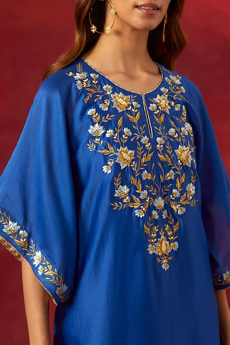 Buy_Anantaa By Roohi_Blue Silk, Chanderi Sequins, Beads Round Neck Embroidered Yoke Kaftan Pant Set _Online_at_Aza_Fashions