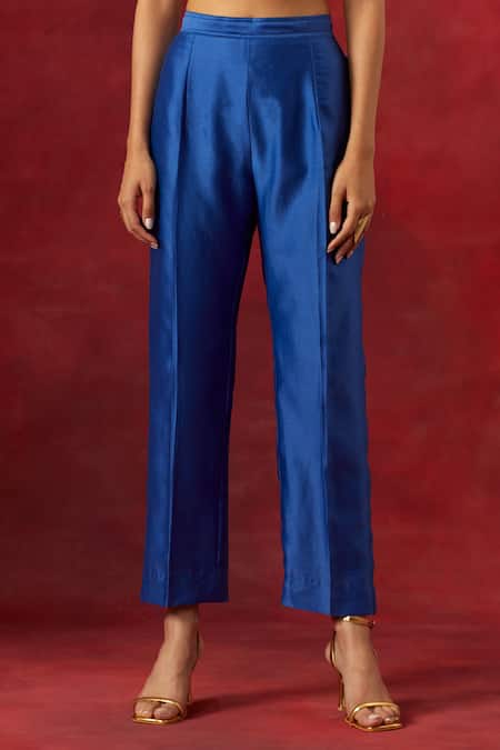 Anantaa By Roohi_Blue Silk, Chanderi Sequins, Beads Round Neck Embroidered Yoke Kaftan Pant Set _at_Aza_Fashions