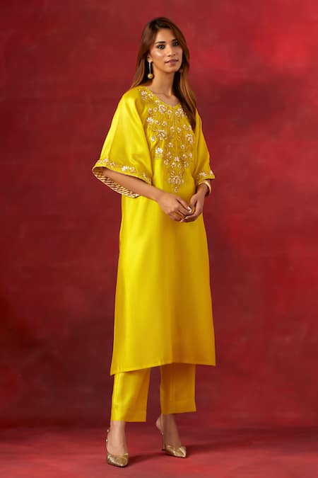 Anantaa By Roohi Yellow Silk, Chanderi Embroidery, Sequins Round Floral Yoke Kaftan Pant Set Online at Aza Fashions Anantaa By Roohi_Yellow Silk, Chanderi Embroidery, Sequins Round Floral Yoke Kaftan Pant Set _Online_at_Aza_Fashions