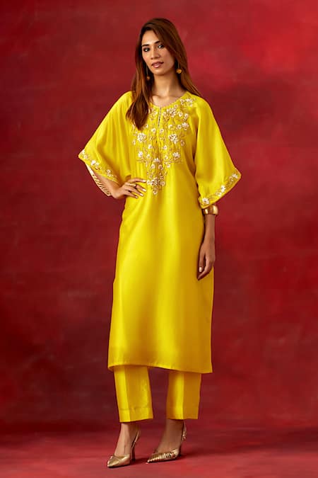 Buy Anantaa By Roohi Yellow Silk, Chanderi Embroidery, Sequins Round Floral Yoke Kaftan Pant Set Online at Aza Fashions Buy_Anantaa By Roohi_Yellow Silk, Chanderi Embroidery, Sequins Round Floral Yoke Kaftan Pant Set _Online_at_Aza_Fashions