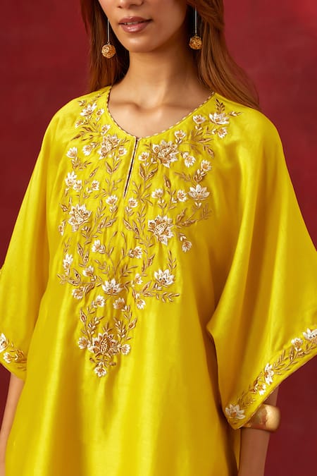 Shop Anantaa By Roohi Yellow Silk, Chanderi Embroidery, Sequins Round Floral Yoke Kaftan Pant Set Online at Aza Fashions Shop_Anantaa By Roohi_Yellow Silk, Chanderi Embroidery, Sequins Round Floral Yoke Kaftan Pant Set _Online_at_Aza_Fashions