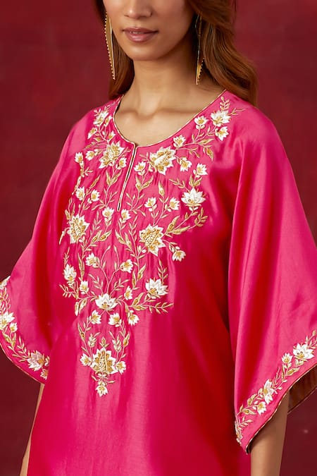 Buy_Anantaa By Roohi_Fuchsia Silk, Chanderi Sequins, Beads Resham Embroidered Yoke Kaftan Pant Set _Online_at_Aza_Fashions