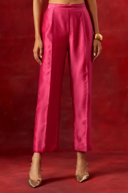 Anantaa By Roohi_Fuchsia Silk, Chanderi Sequins, Beads Resham Embroidered Yoke Kaftan Pant Set _at_Aza_Fashions