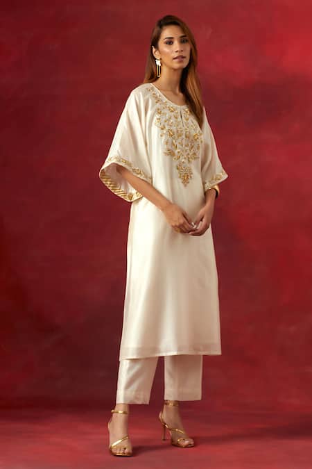 Anantaa By Roohi_Off White Silk, Chanderi Sequins, Beads Round Embroidered Yoke Kaftan Pant Set _Online_at_Aza_Fashions