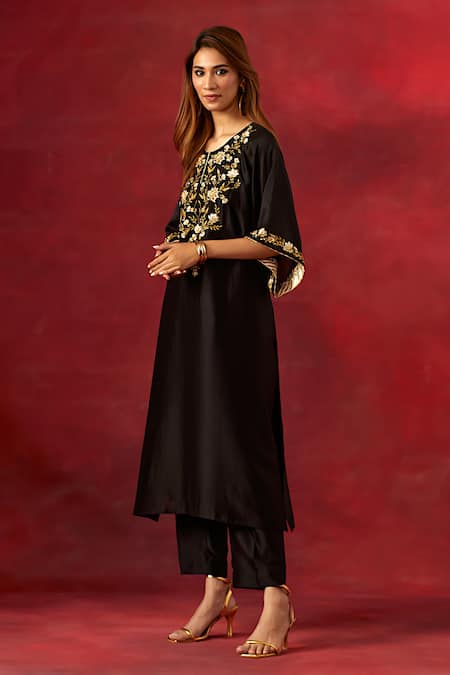 Anantaa By Roohi_Black Silk, Cotton, Chanderi Sequins, Beads Resham Work Yoke Kaftan Pant Set _Online_at_Aza_Fashions