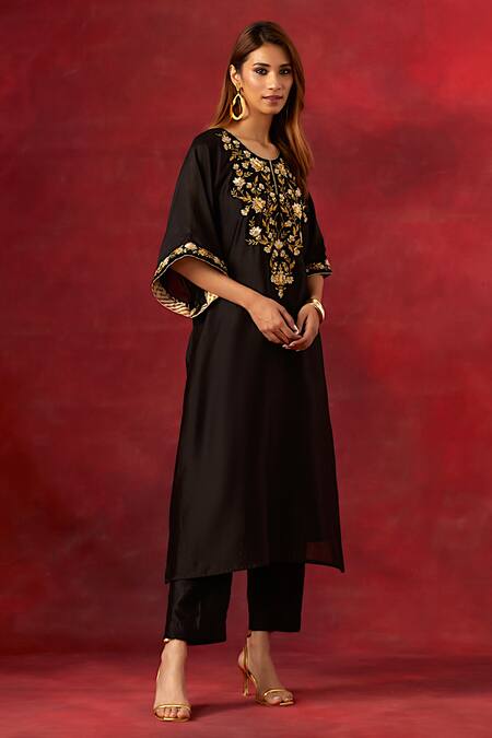 Buy_Anantaa By Roohi_Black Silk, Cotton, Chanderi Sequins, Beads Resham Work Yoke Kaftan Pant Set _Online_at_Aza_Fashions
