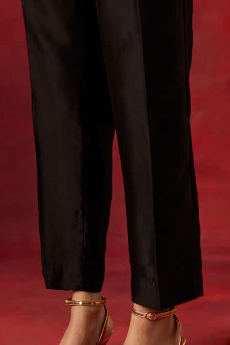 Anantaa By Roohi_Black Silk, Cotton, Chanderi Sequins, Beads Resham Work Yoke Kaftan Pant Set _at_Aza_Fashions