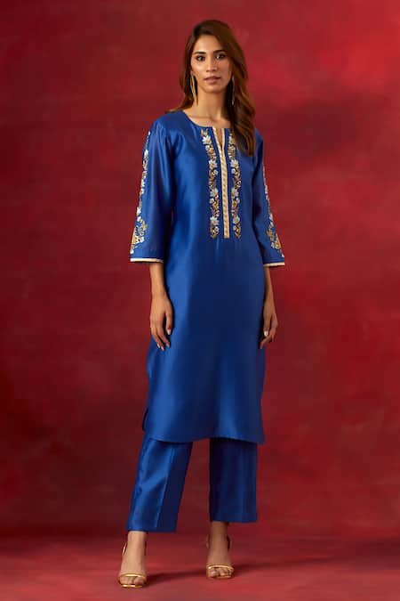 Anantaa by Roohi Blue Silk Chanderi Embroidered Sequins Notched Round Neck Yoke Kurta And Pant Set 