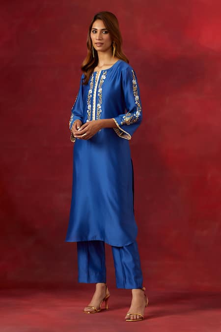 Anantaa By Roohi_Blue Silk, Chanderi Sequins, Beads Round Neck Embroidered Yoke Kurta And Pant Set _Online_at_Aza_Fashions