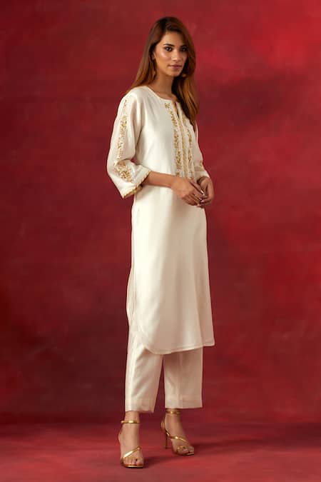 Buy_Anantaa By Roohi_Off White Silk, Chanderi Sequins, Beads Resham Embroidered Yoke Kurta And Pant Set _Online_at_Aza_Fashions