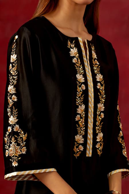 Anantaa By Roohi_Black Silk, Chanderi Sequins, Beads Round Neck Resham Work Yoke Kurta And Pant Set _at_Aza_Fashions
