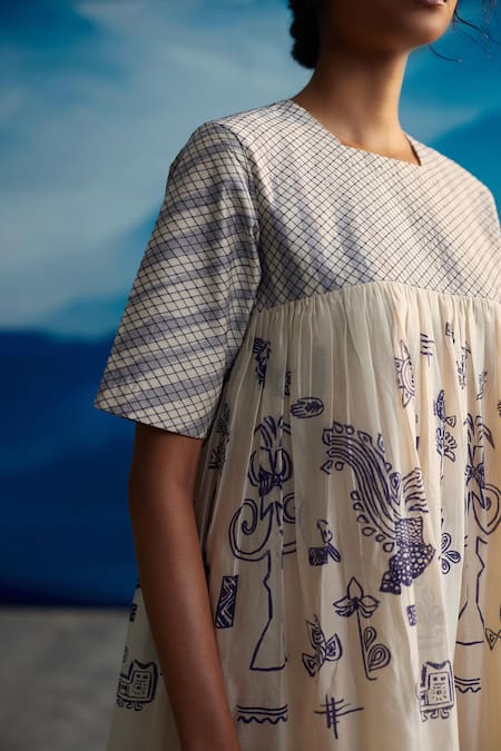 Ahmev_Ivory Chanderi, Cotton Embroidery Square Neck Floral Print Dress _at_Aza_Fashions