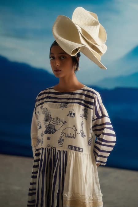 Ahmev_Ivory Chanderi, Cotton Boat Neck Delphine Patchwork Printed Dress _Online_at_Aza_Fashions