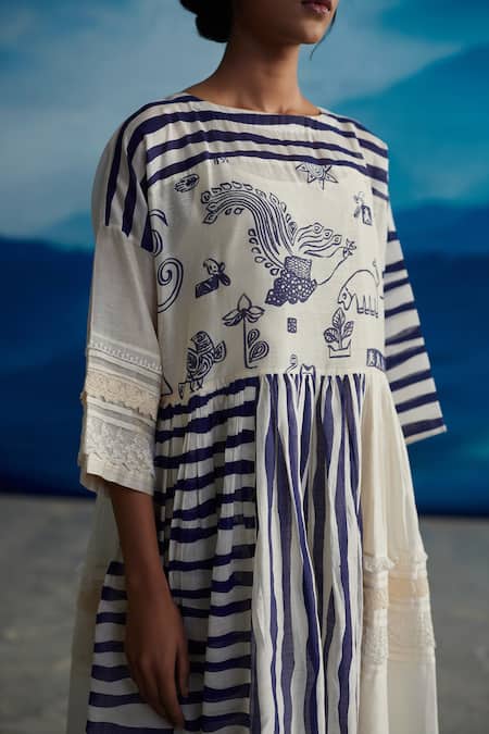 Buy_Ahmev_Ivory Chanderi, Cotton Boat Neck Delphine Patchwork Printed Dress _Online_at_Aza_Fashions
