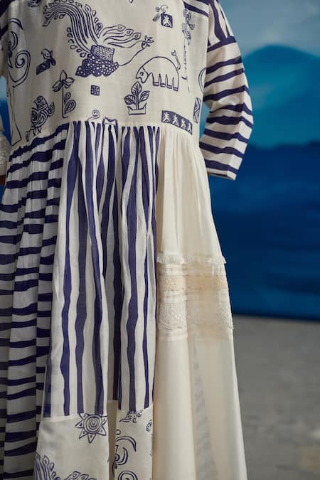 Shop_Ahmev_Ivory Chanderi, Cotton Boat Neck Delphine Patchwork Printed Dress _Online_at_Aza_Fashions